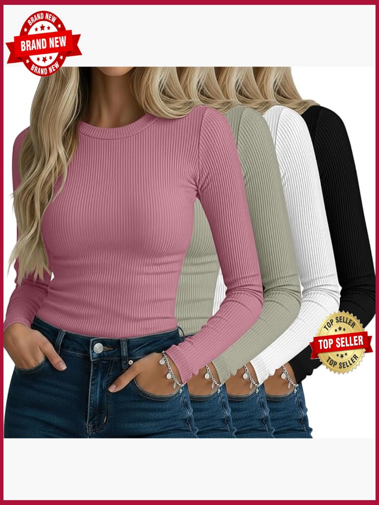 4 Pack Women's Ribbed Long Sleeve Shirts Cotton Crew Neck Slim Fit Stretch Knit